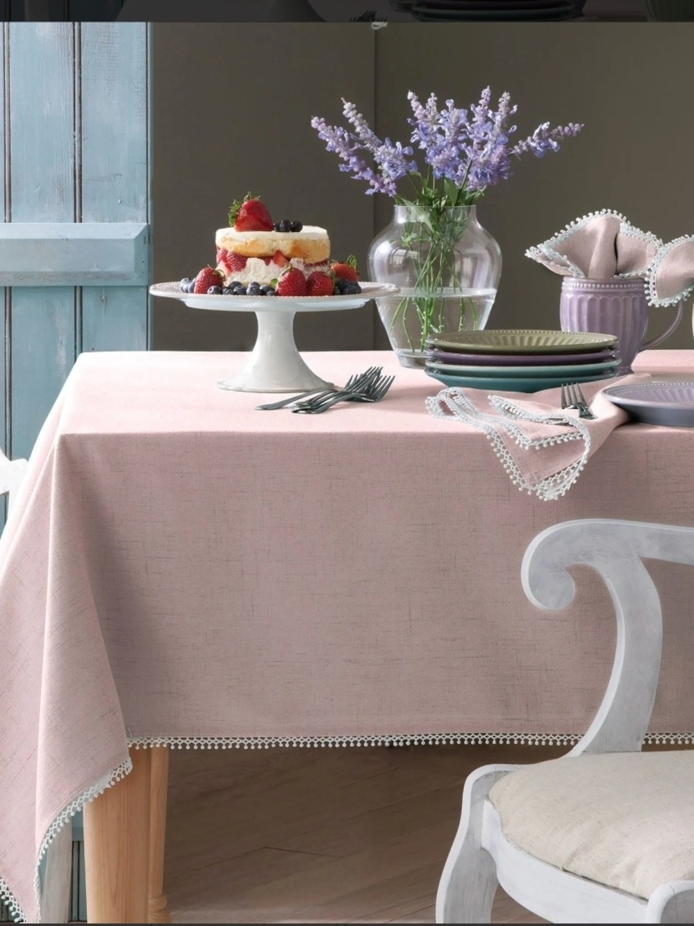 French Perle 100% Cotton Embroidered Tablecloth, Linen, 60" W x 120" L